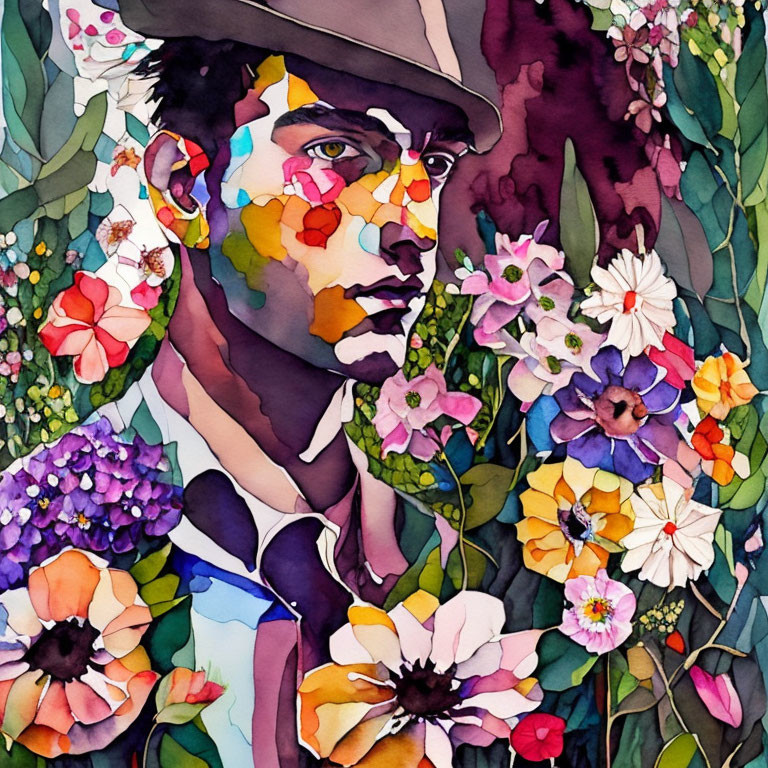 Stylish person portrait with floral patterns in vibrant watercolors