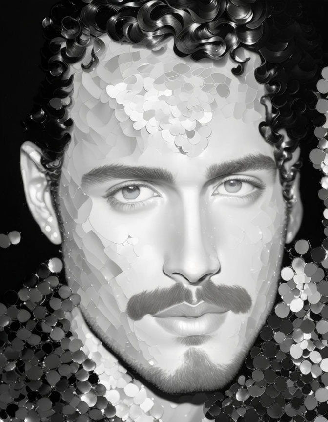 Monochrome digital portrait of a person with curly hair and mustache, featuring distinct facial features and hex