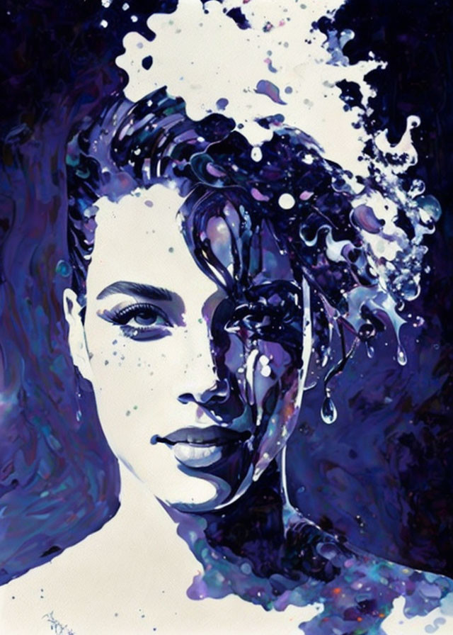 Colorful Abstract Portrait of Woman with Purple and White Paint Splashes