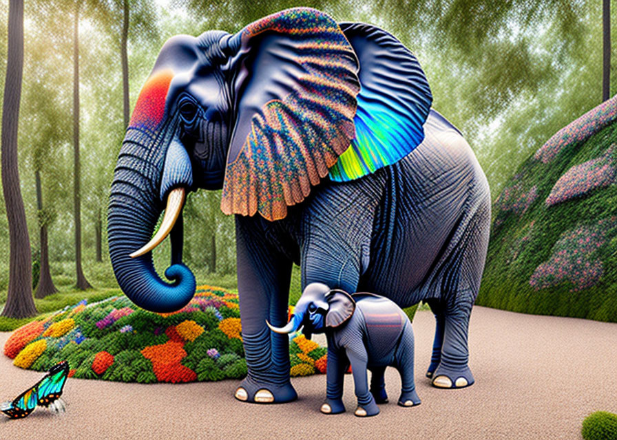 Vibrant adult and calf elephants with colorful patterns in forest scene