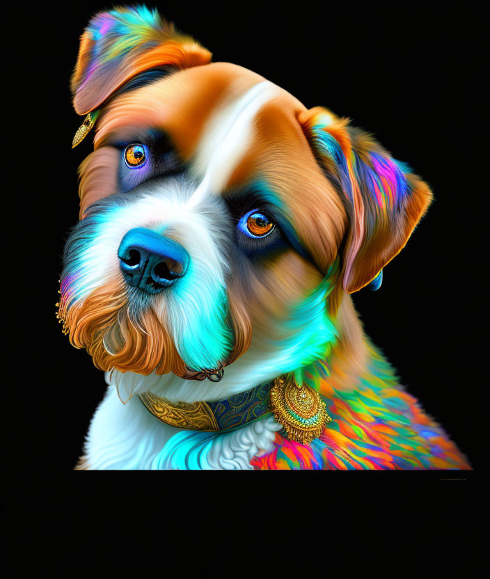 Colorful Dog Artwork with Golden Collar on Black Background