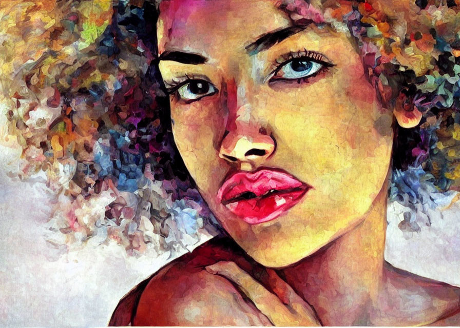 Vibrant painting of woman with curly hair and red lips