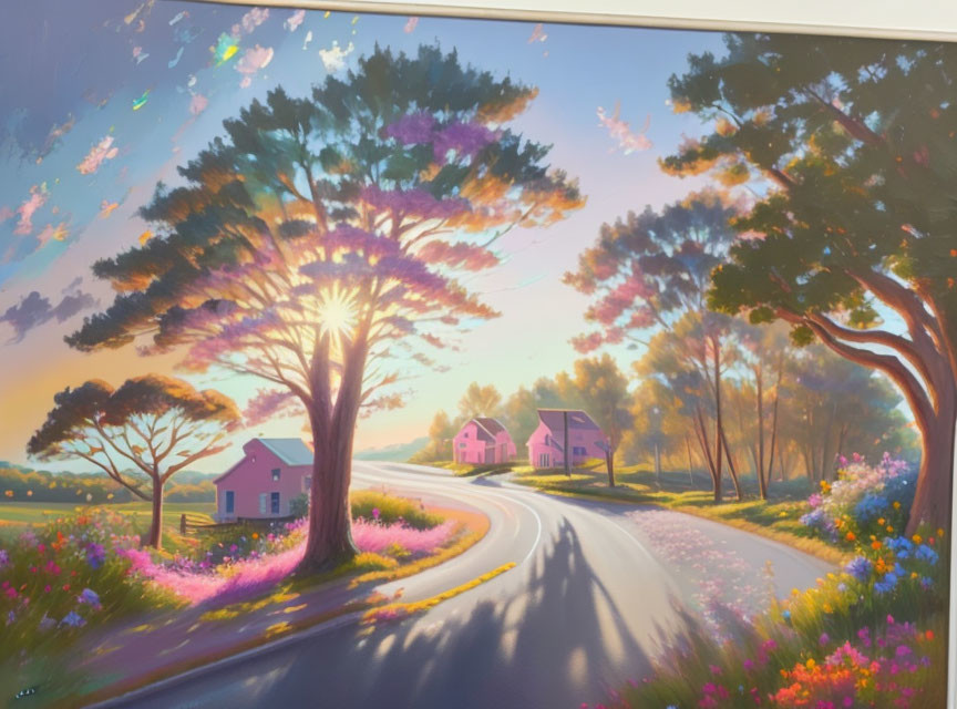 Scenic sunset painting with trees, road, wildflowers & houses