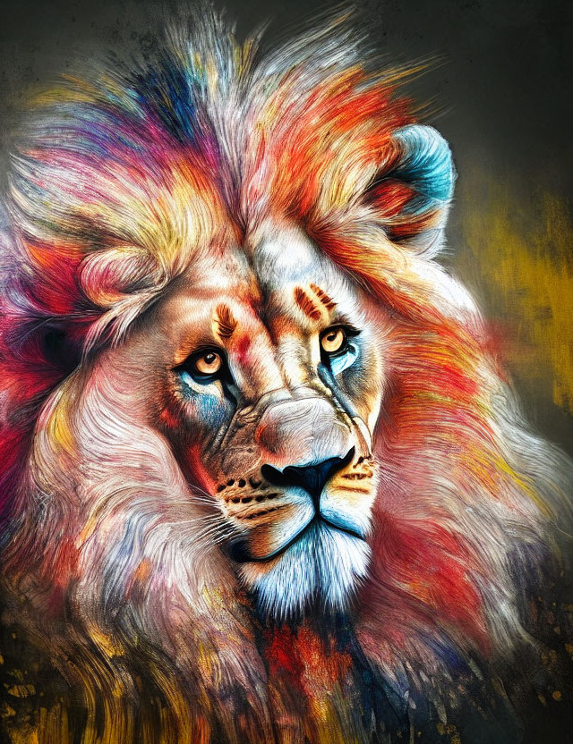 Colorful lion artwork with vibrant blues, reds, and yellows.