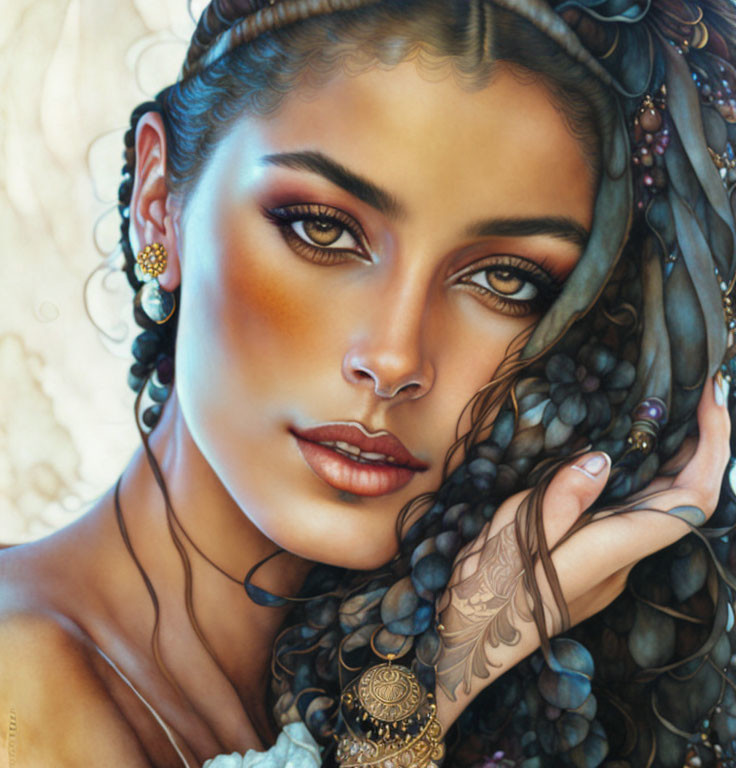 Detailed illustration of woman with striking eyes and intricate jewelry