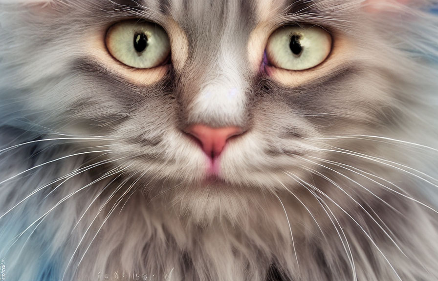 Fluffy gray cat with green eyes and pink nose.