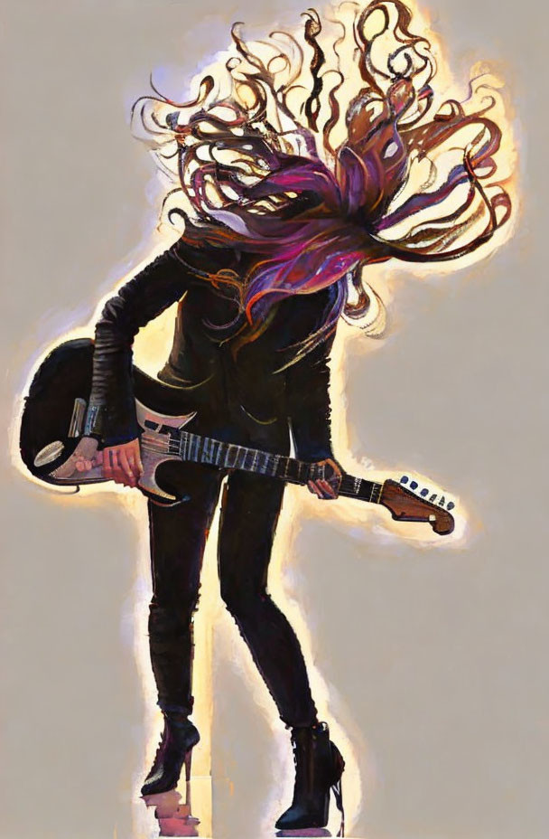 Expressive brushstrokes depict person with flowing hair playing guitar