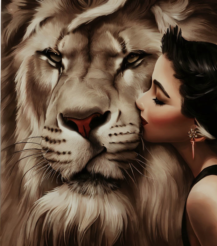 Woman with Dark Hair Touches Noses with Serene Lion