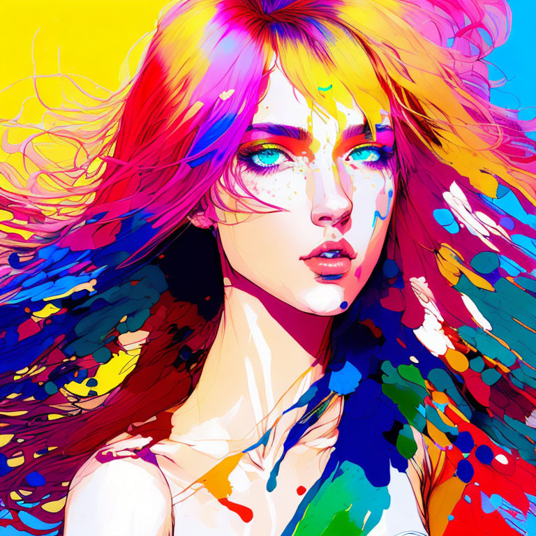 Colorful digital portrait of a woman with multicolored hair and green eyes