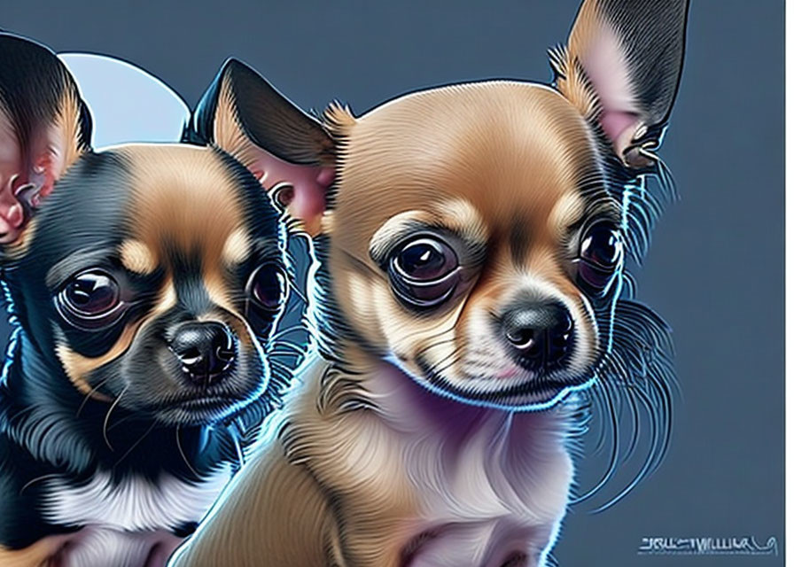 Three stylized cartoon Chihuahuas with exaggerated features on dark background