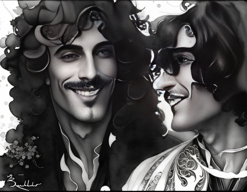 Monochromatic digital painting of two smiling men with stylized mustaches and curly hair