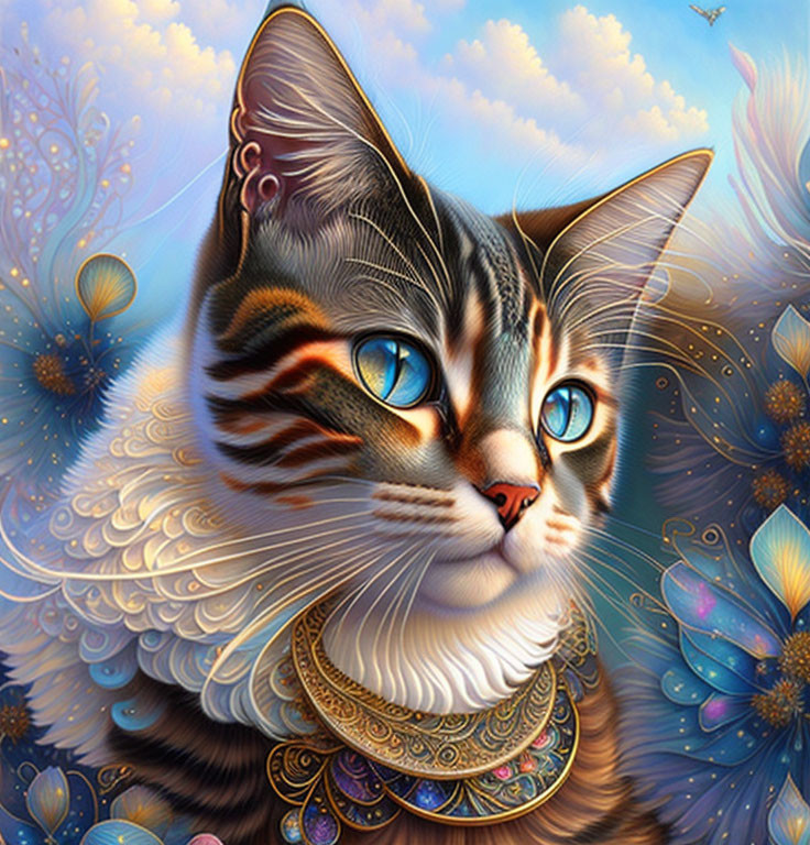 Colorful digital artwork of a cat with intricate patterns and blue eyes