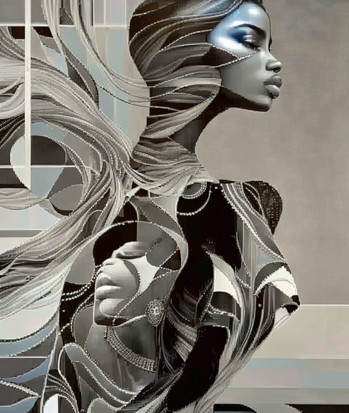 Abstract female figure with flowing patterns on geometric background