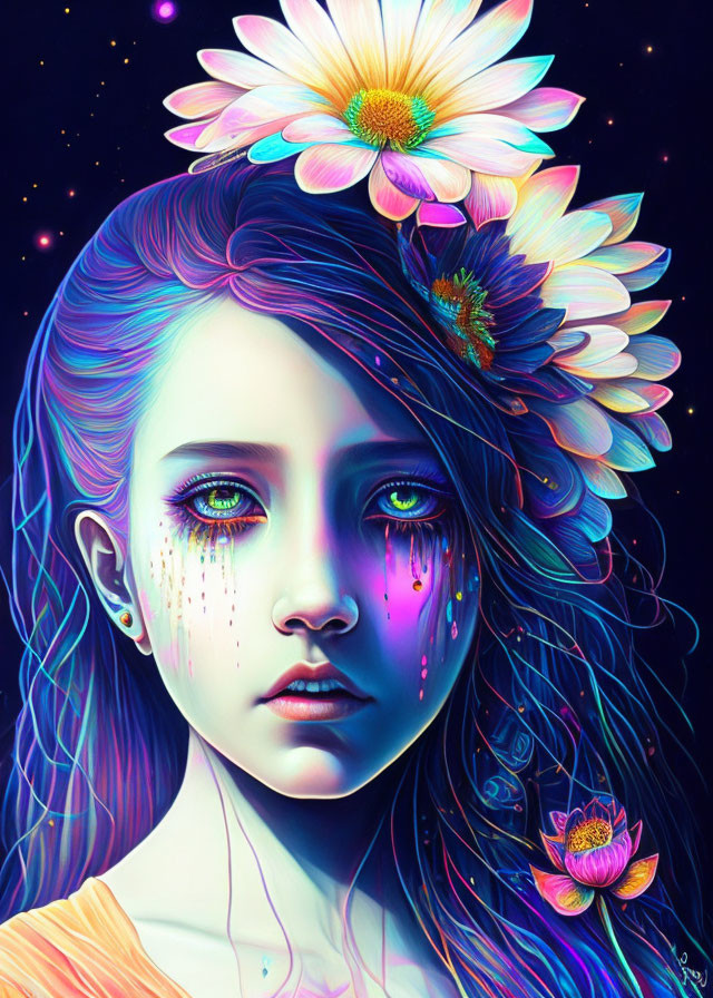 Colorful digital artwork: Girl with multicolored hair, expressive eyes, and floral accents on dark