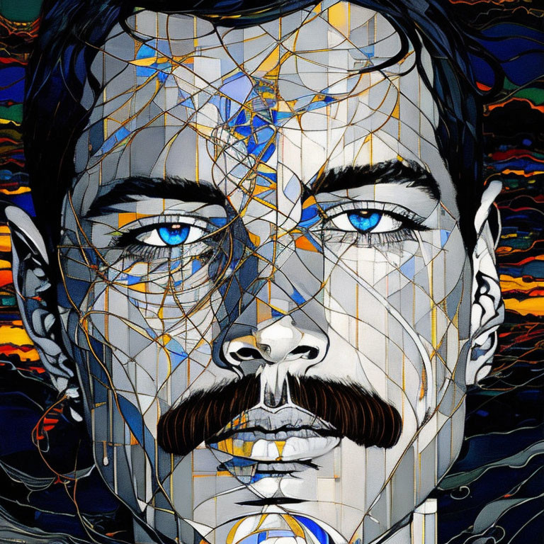 Vibrant portrait with intricate line patterns and blue eyes.