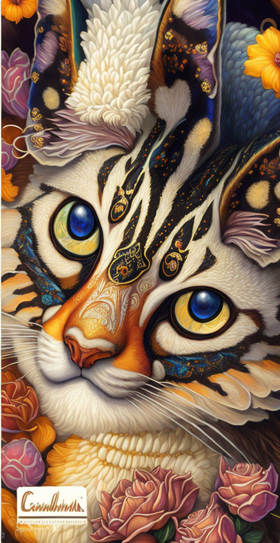 Detailed illustration of a cat's face with vibrant flowers and blue eyes