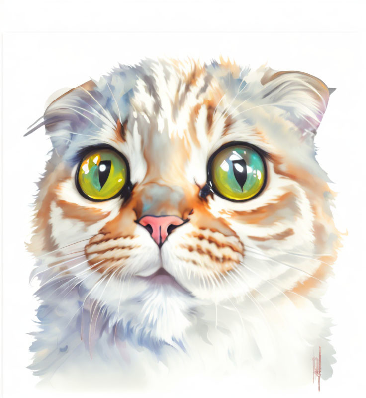 Fluffy orange and white cat with large green-yellow eyes