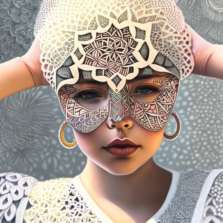 Detailed illustration of girl with lace patterns on face and head, intricate earrings, decorative backdrop