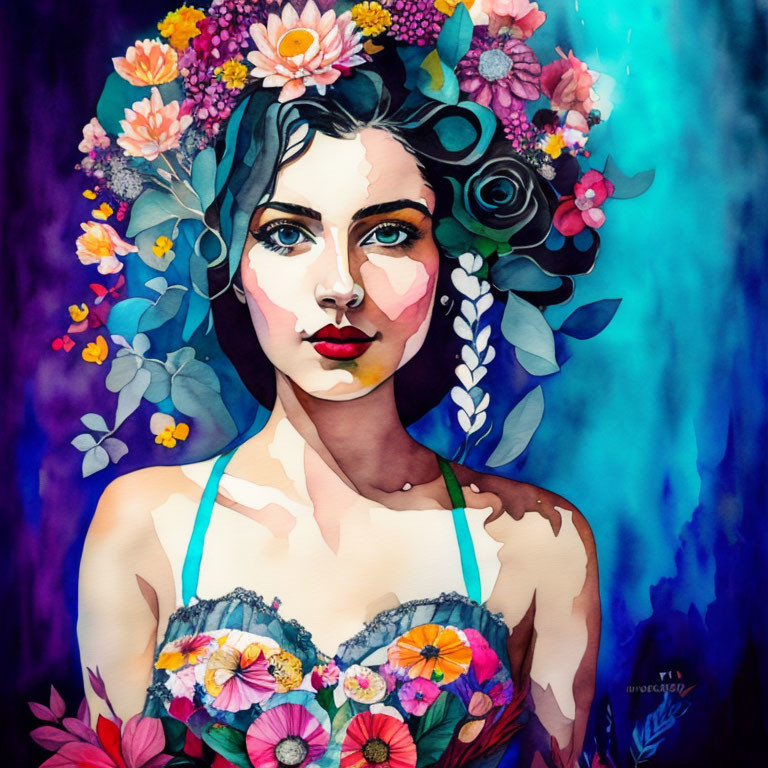 Woman in floral crown and dress on blue background with vibrant watercolor textures.