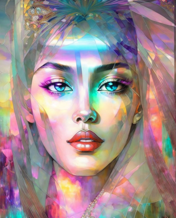 Colorful digital portrait: stylized woman with striking eyes, decorative headpiece, and translucent veil