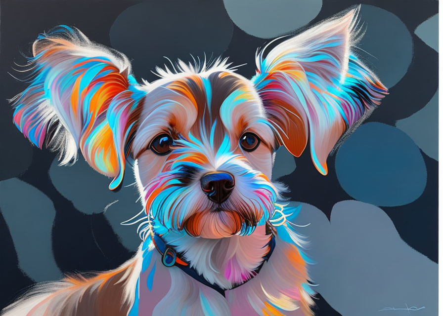 Vibrant multicolored dog art on gray background