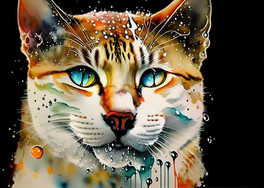 Colorful Cat Face Art with Blue Eyes and Abstract Paint Details