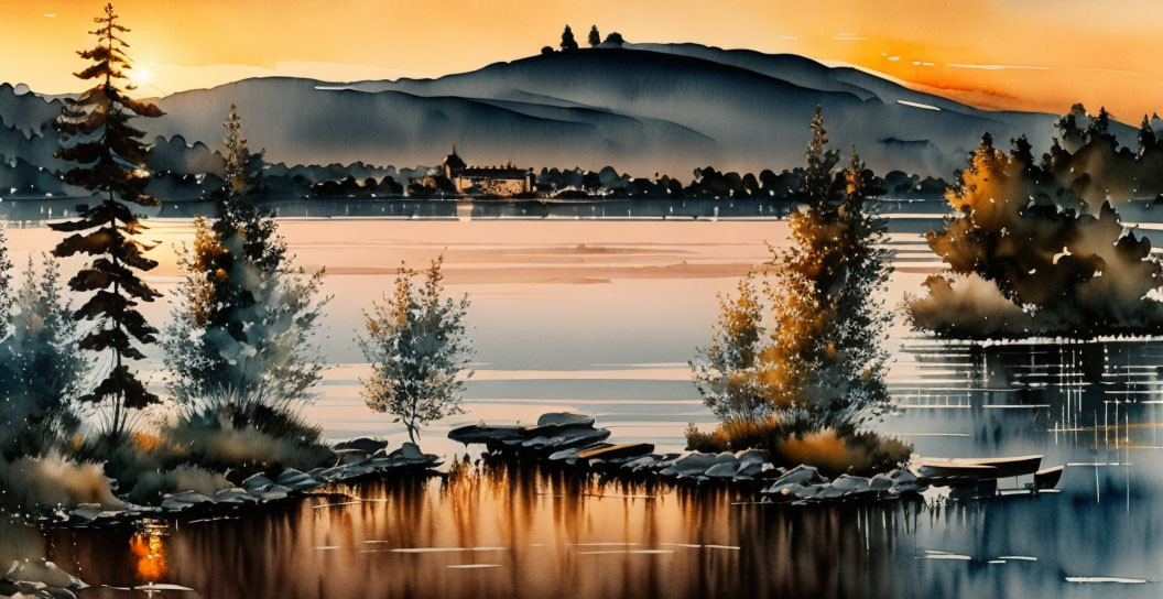 Tranquil sunset landscape with silhouetted trees, mountains, calm water, and dock