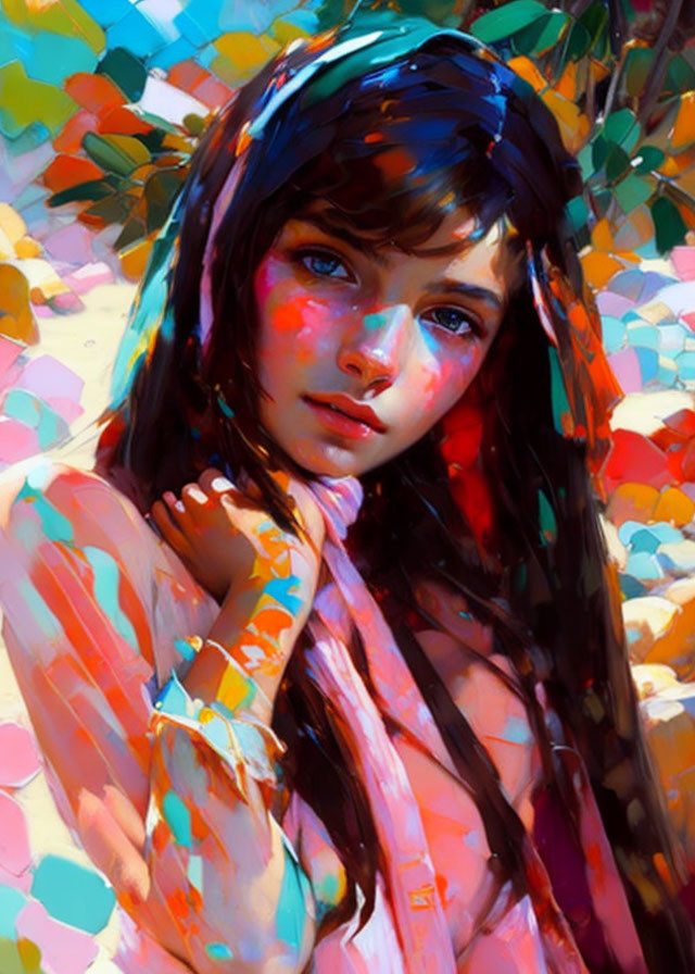 Vibrant digital artwork of a girl with blue eyes and hair against a backdrop of colorful light patterns