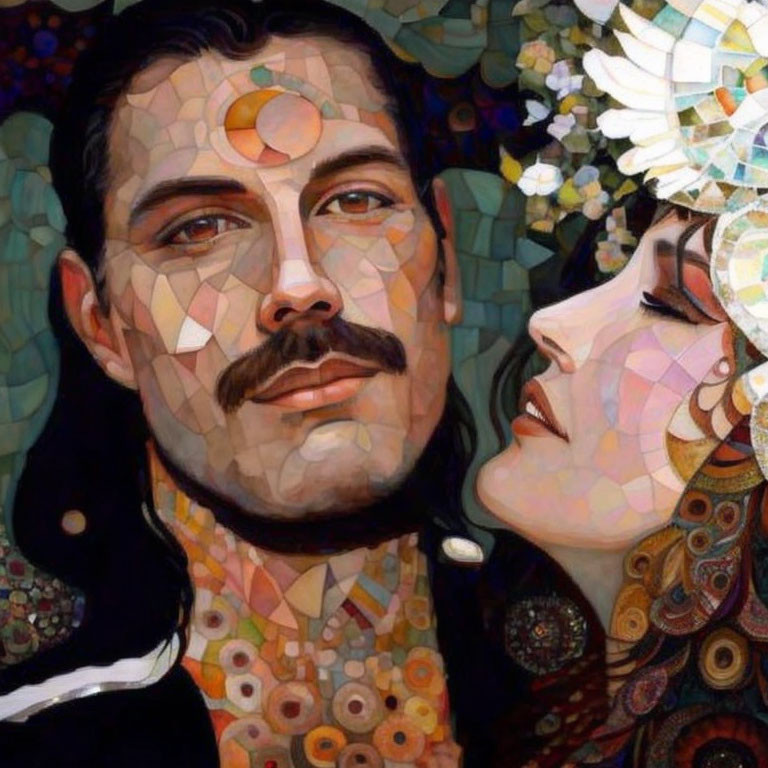 Colorful Geometric Portrait of Man and Woman in Mosaic Style