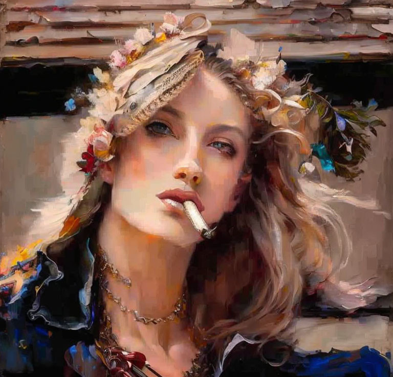 Woman with Floral Hat and Cigarette: Expressive Brushstrokes and Rich Colors