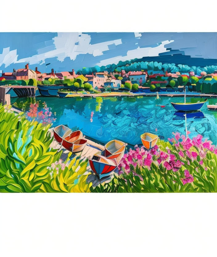 Serene river scene with boats, vibrant flora, and quaint houses under blue sky