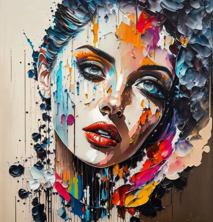 Vibrant abstract portrait of a woman with colorful paint splashes