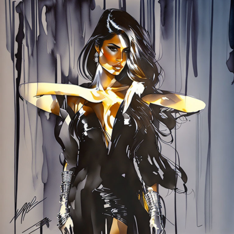 Stylized woman illustration with flowing black hair on abstract gold and black background