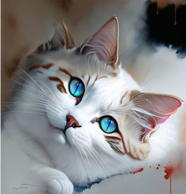 White cats with brown spots and blue eyes in dreamlike digital painting