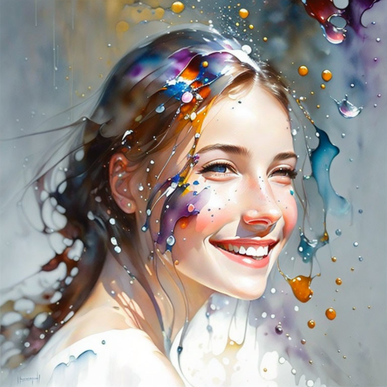 Colorful splashes surround joyful woman in artistic illustration