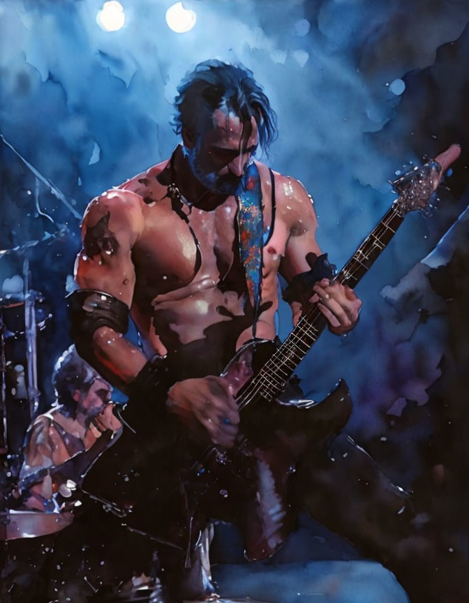 Energetic shirtless guitar player performing onstage with drummer in dynamic blue lighting