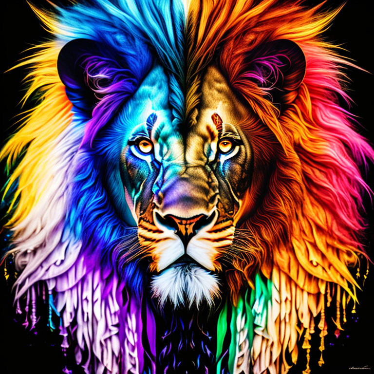 Colorful lion mane with rainbow gradient and melting paint effects on black background