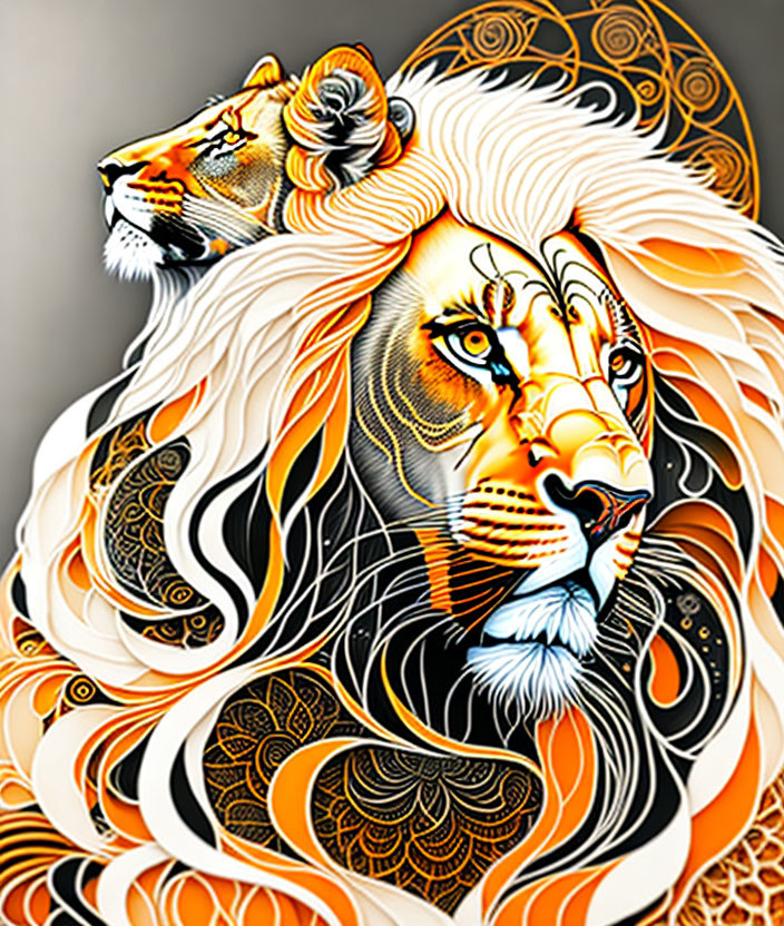 Illustration of Two Lions with Intricate Patterns and Warm Colors