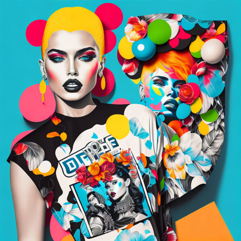 Two women in vibrant fashion concept with yellow hair, bold makeup, floral patterns, and colorful spheres.