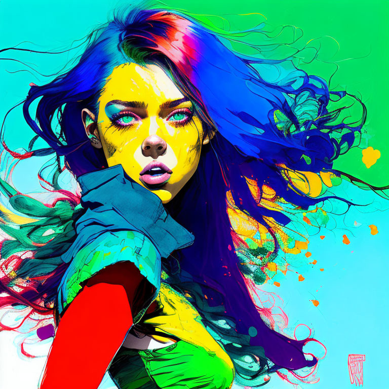 Colorful digital artwork: Woman with multicolored hair and yellow eyes on teal background