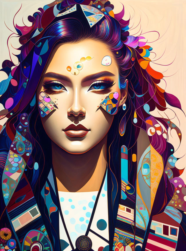 Vibrant digital portrait of woman with ornate makeup and whimsical accessories