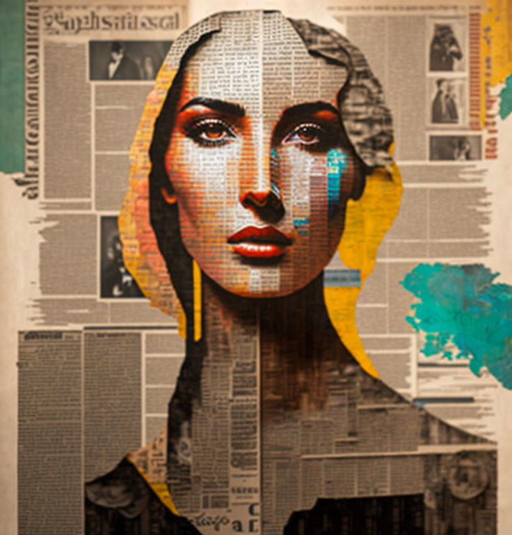 Collage-style portrait of a woman with sharp features in blue and orange tones