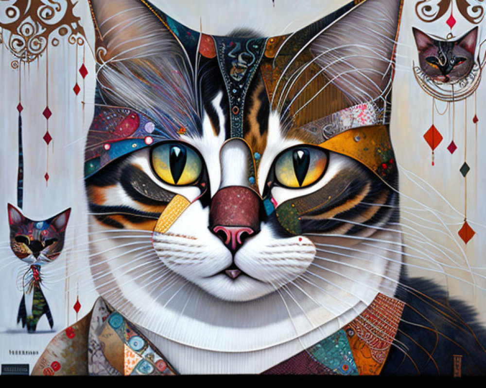 Vibrant cat portrait with intricate patterns and ruff collar