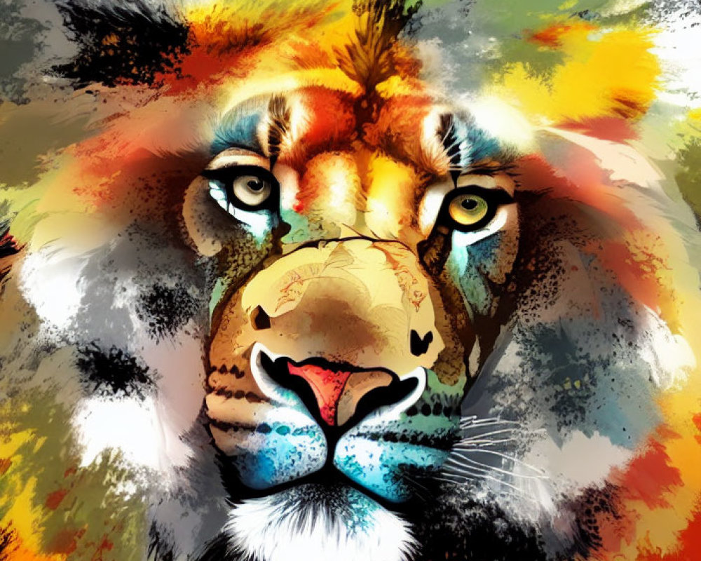 Vibrant lion face painting with abstract brush strokes