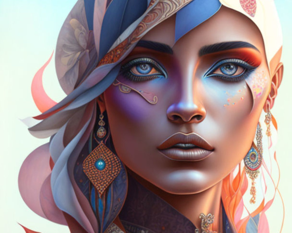 Illustrated portrait of woman with blue eyes, headscarf, face paint, jewelry, and butterflies