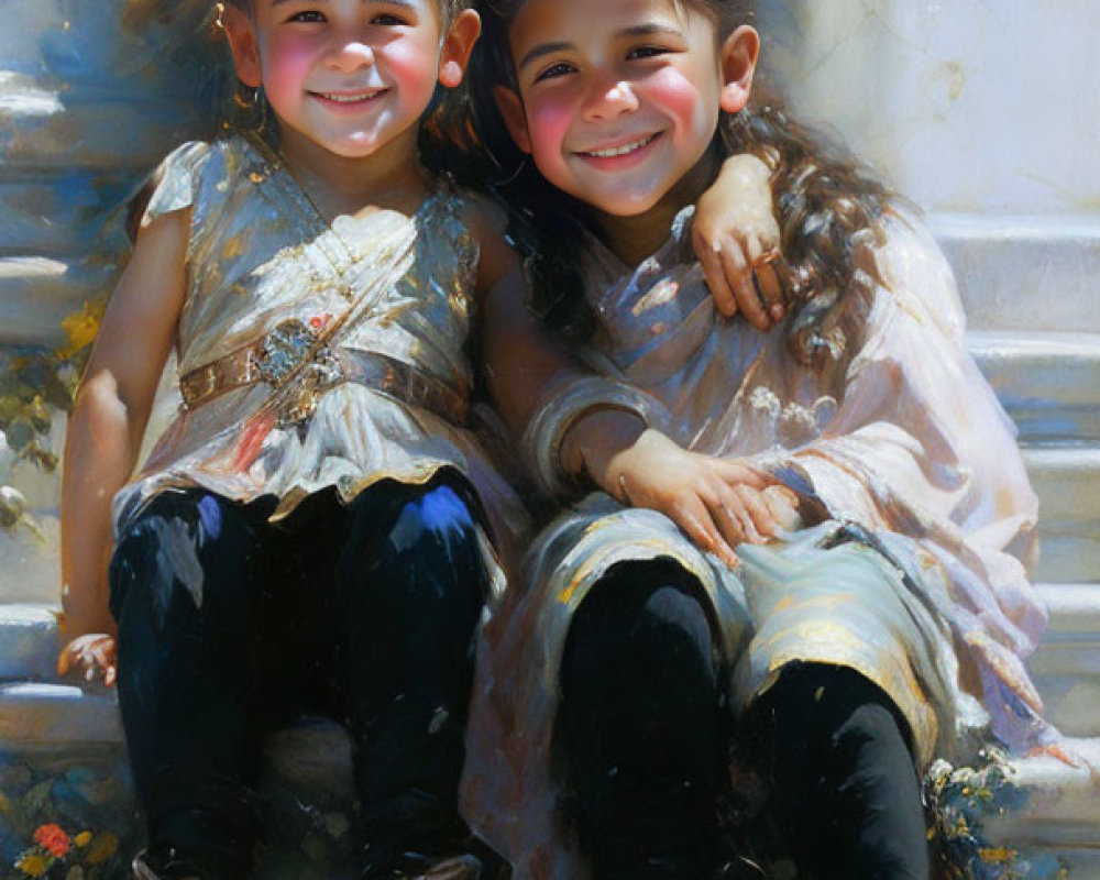 Two girls in fancy dresses smiling on sunlit steps with flowers