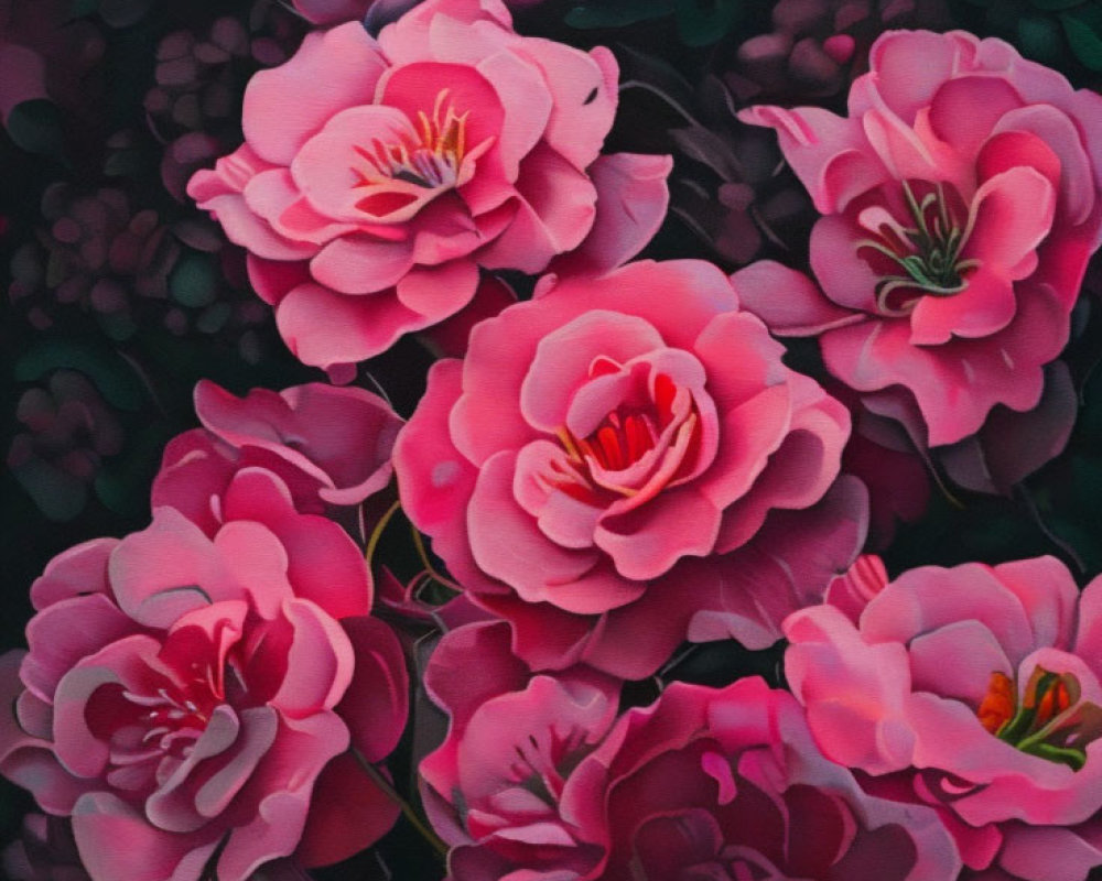 Detailed Painting of Vibrant Pink Roses and Green Leaves