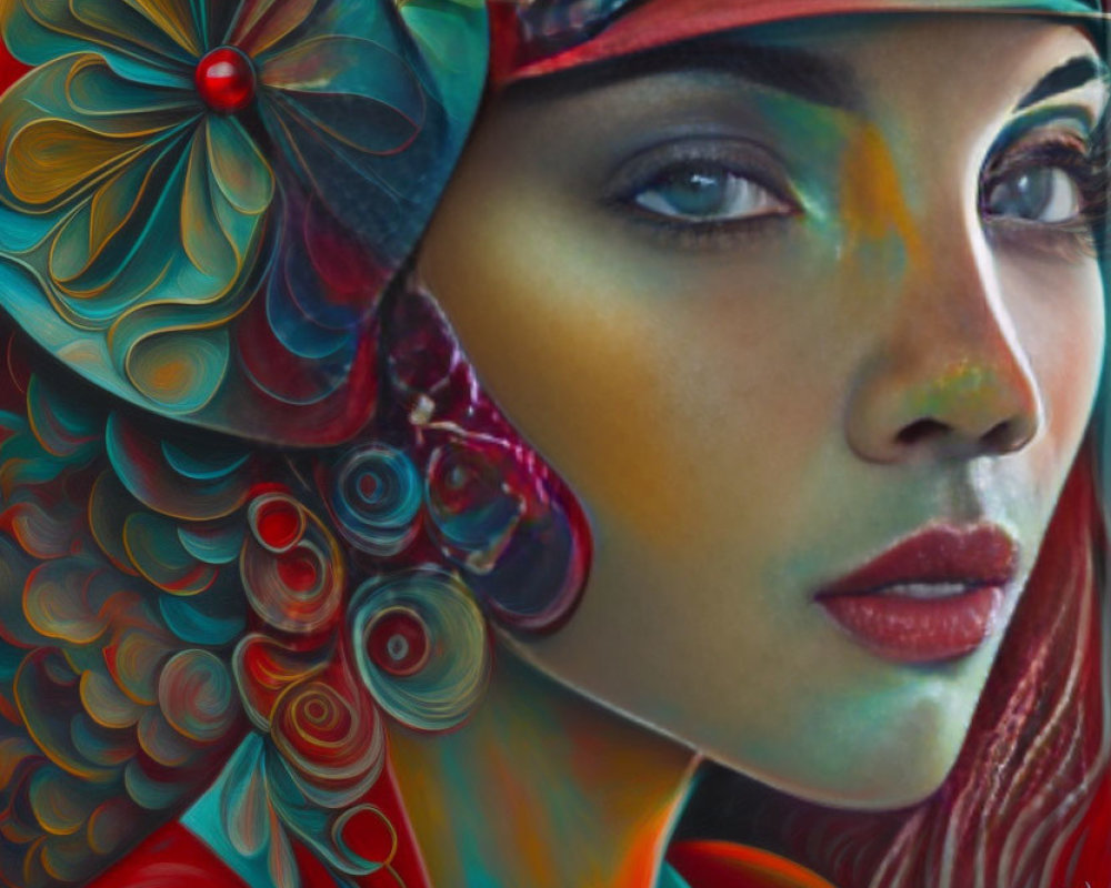 Colorful Portrait of Woman with Abstract Patterns and Vibrant Hues