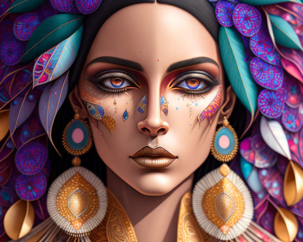 Detailed Woman Portrait with Tribal Makeup and Adornments