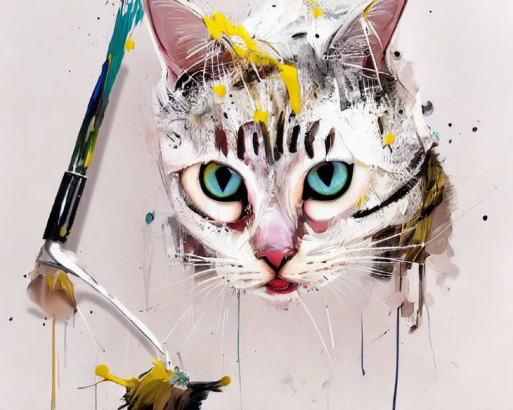 Hyper-realistic painting of a cat's face with vivid blue eyes and colorful paint splatters.